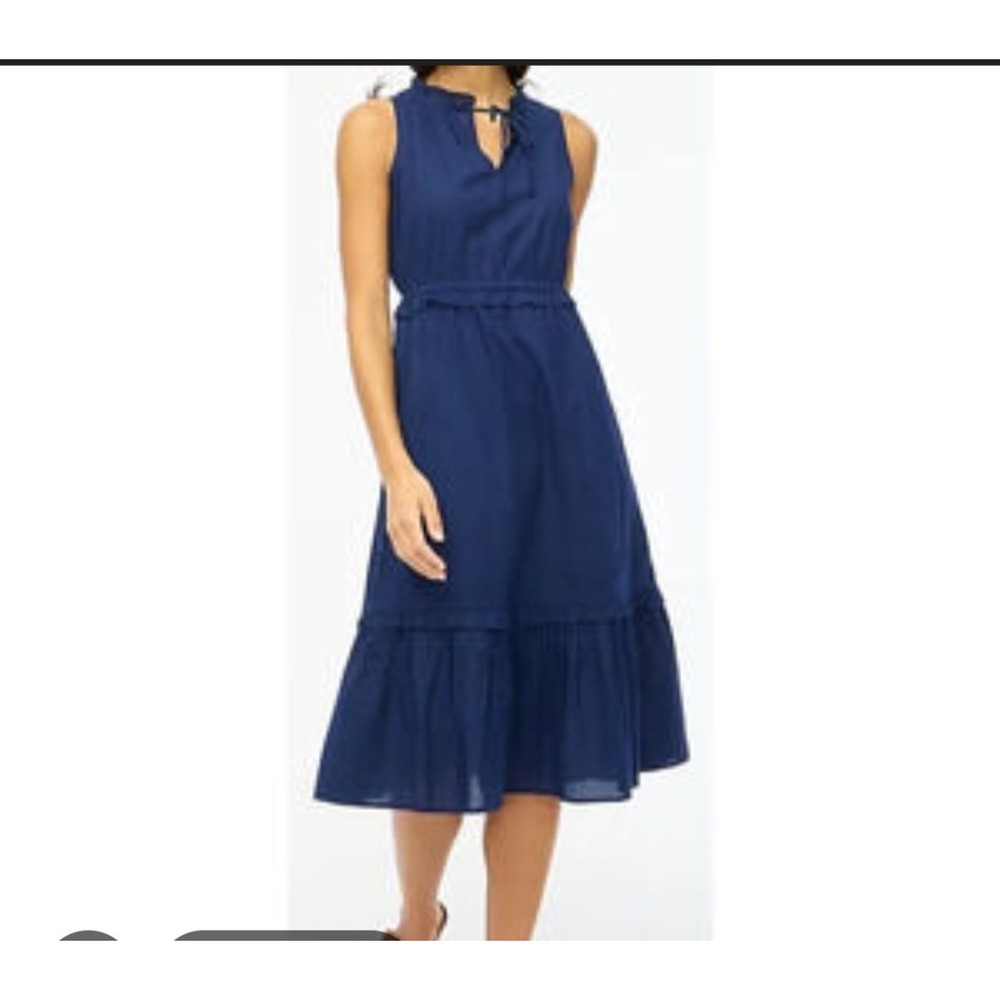 J.Crew Navy Blue Cotton Voile Ruffle Tie Neck Elastic Waist Tiered Midi Dress 8
